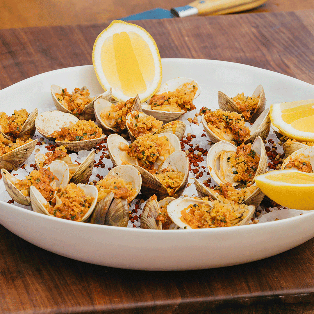 Grilled Clams topped with Nduja Butter & Lemon Breadcrumbs Tastemade