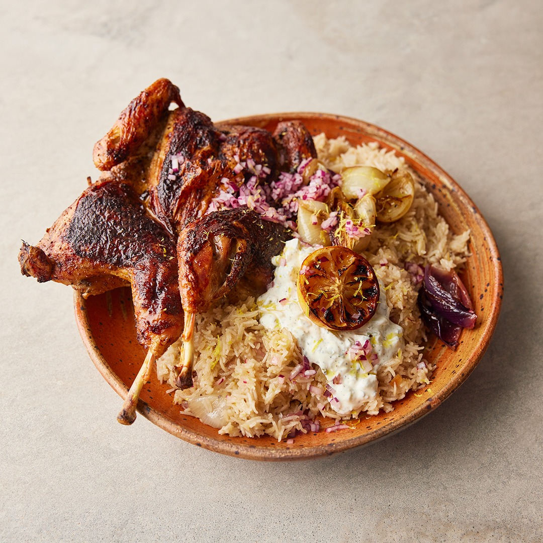 Lemon-tzatziki Chicken with Fluffy Rice, Jammy Onions & Roasted