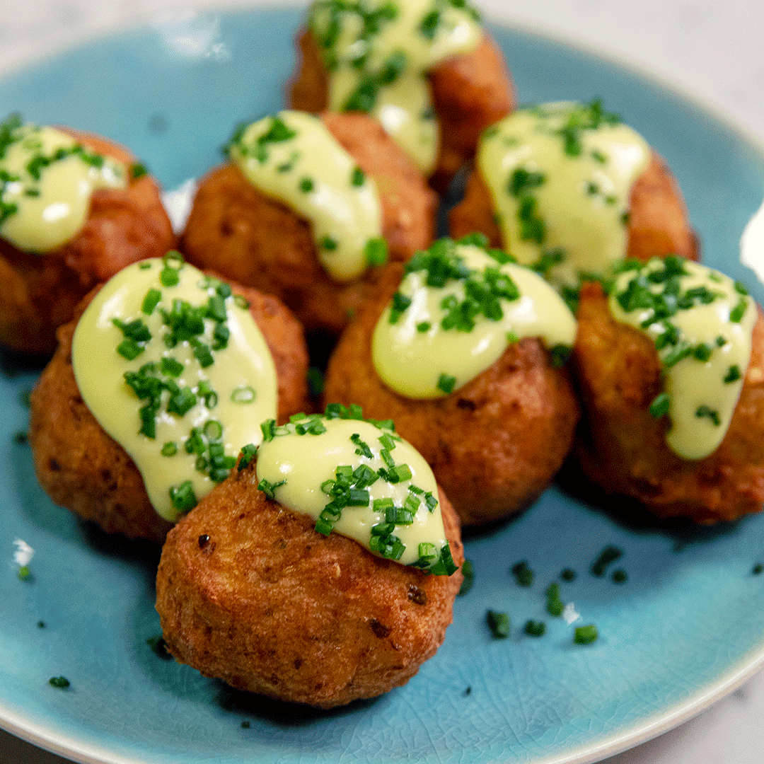 Aunt Vie's Codfish Cakes with Garlic Aioli and Chives Tastemade