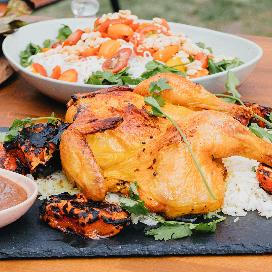 Whole Roasted Wood Grilled Turmeric Ginger Chicken with Tamarind Sauce