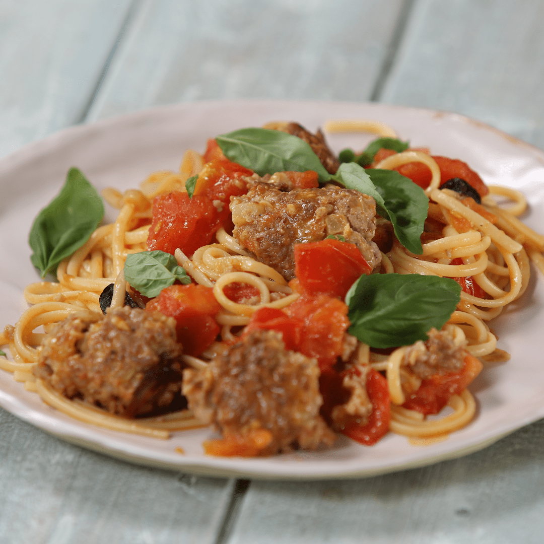 Pasta with Pork Meatballs in Tomato Sauce | Tastemade