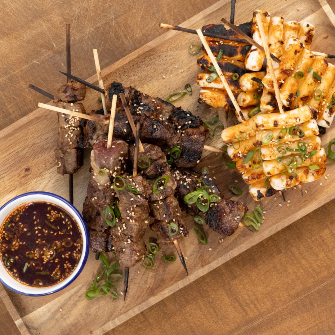 Sesame Ribeye Skewered Kalbi Beef Ribeye with Soy-Sesame Glaze and Crispy Rice Cakes ...