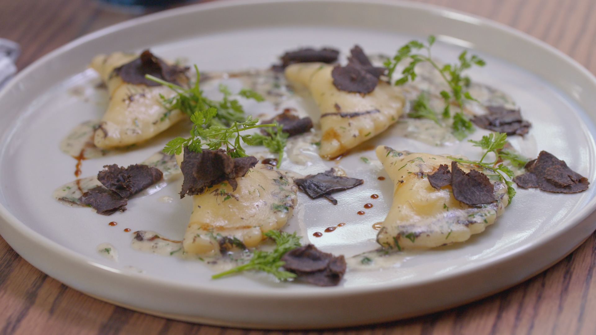 Salt Cod Brandade Pierogi, Black Truffle Butter, Aged Sherry Vinegar