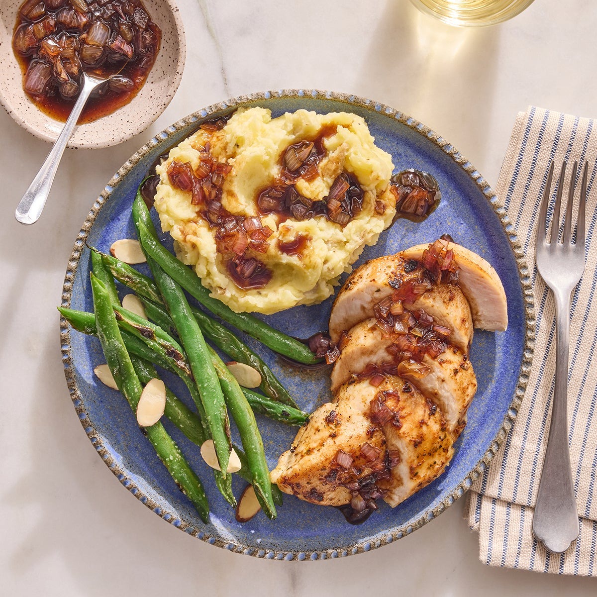 Balsamic Chicken And Mashed Potatoes With Sautéed Green Beans And Almonds 