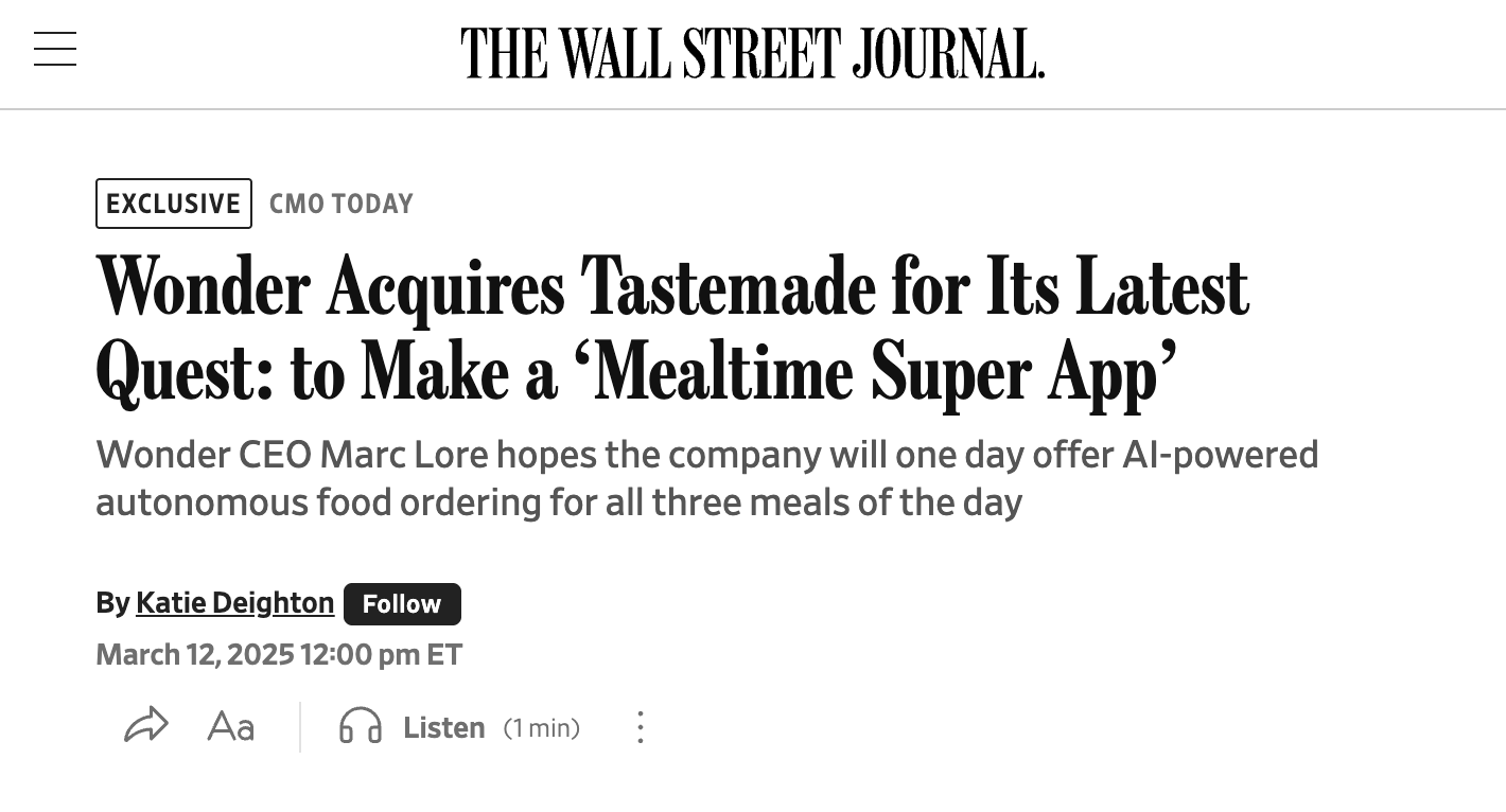 WSJ headline: Wonder acquires Tastemade.