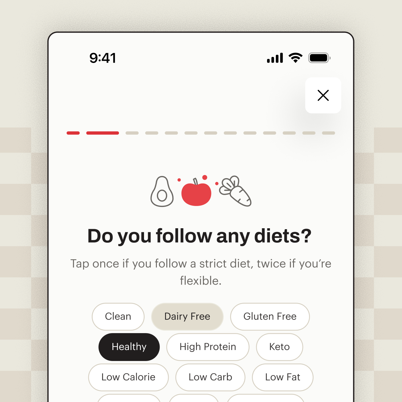 Diet preference selection.